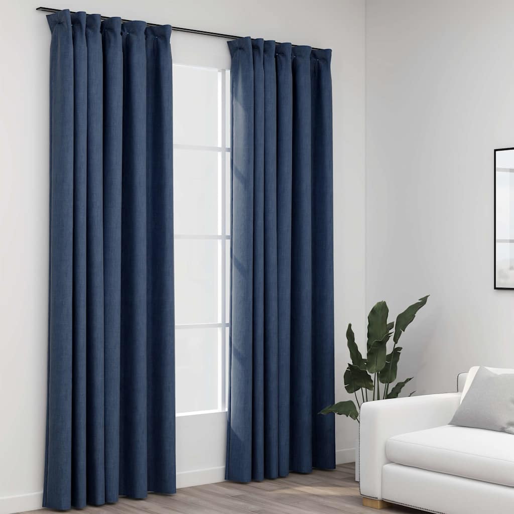 321182 vidaXL Linen-Look Blackout Curtains with Hooks 2 pcs Blue 140x245 cm