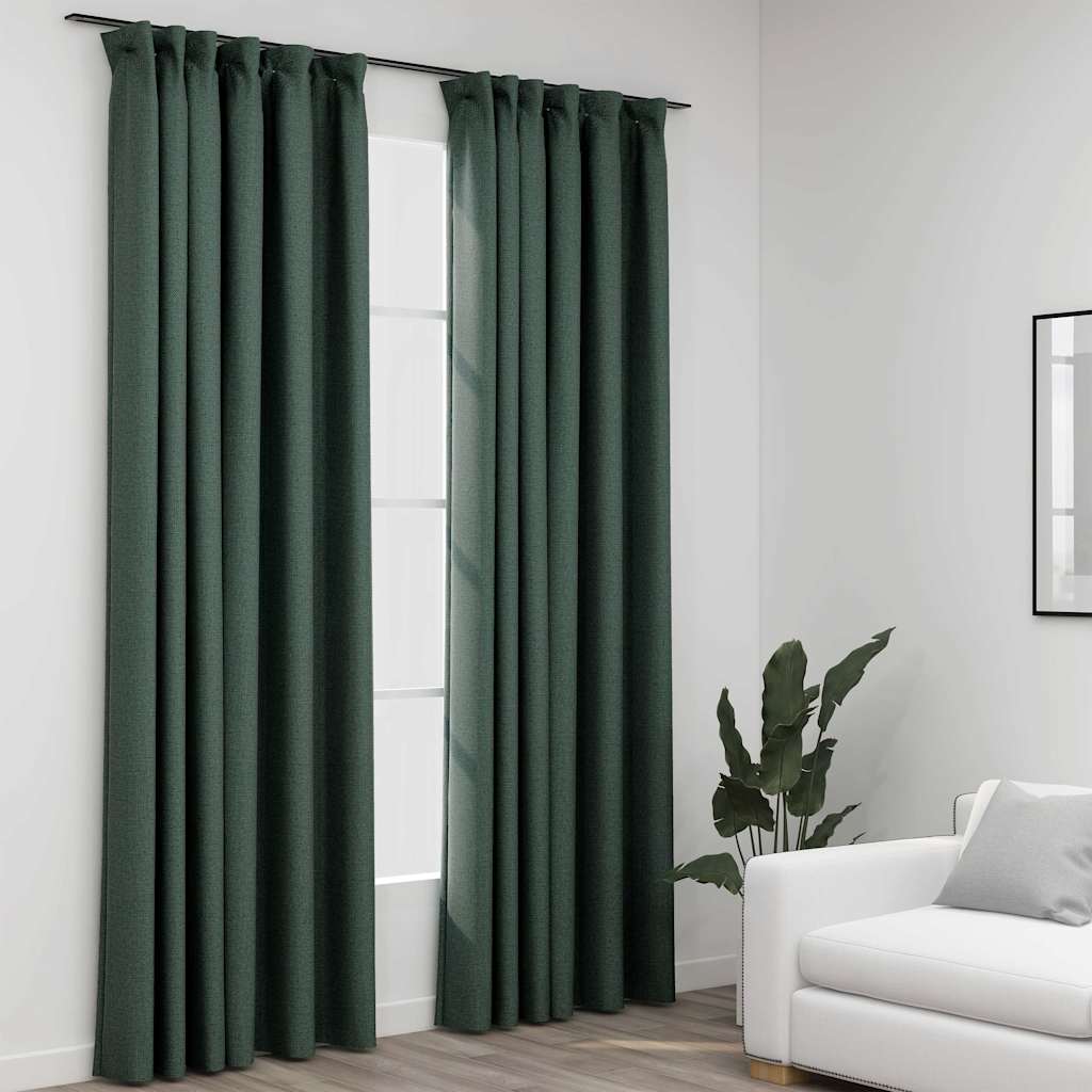 321190 vidaXL Linen-Look Blackout Curtains with Hooks 2 pcs Green 140x245 cm