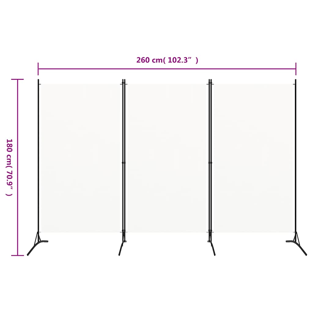 vidaXL 3-Panel Room Divider White 260x180 cm
