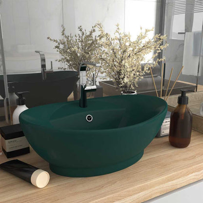 vidaXL Luxury Basin Overflow Oval Matt Dark Green 58.5x39 cm Ceramic