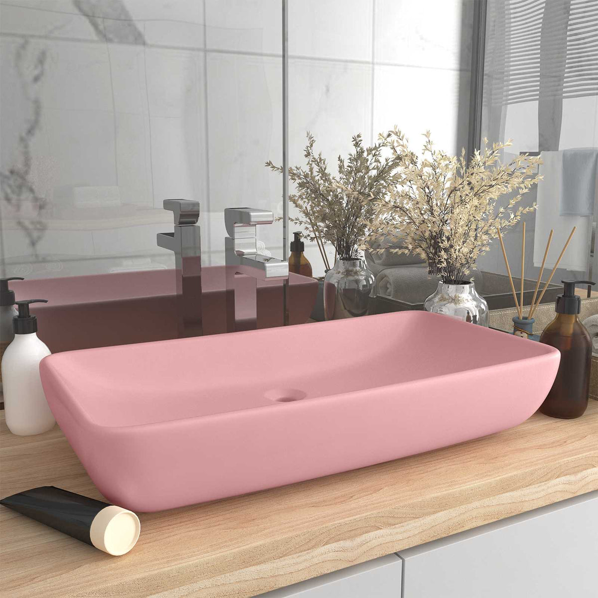 146955 vidaXL Luxury Basin Rectangular Matt Pink 71x38 cm Ceramic