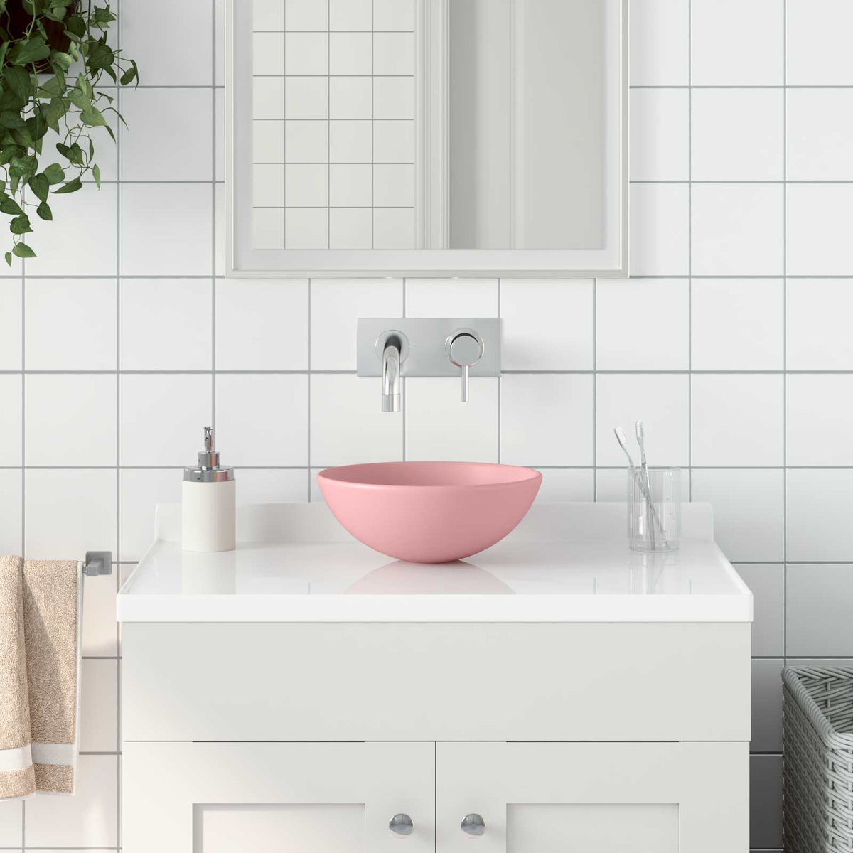 146977 vidaXL Bathroom Sink Ceramic Matt Pink Round