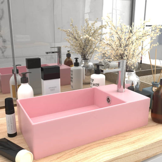 146988 vidaXL Bathroom Sink with Overflow Ceramic Matt Pink