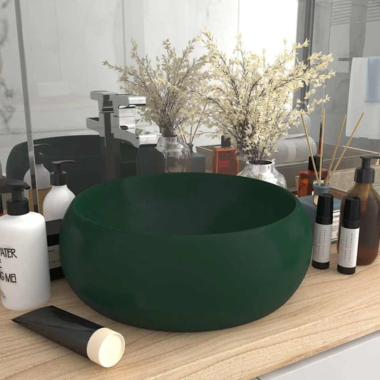 147003 vidaXL Luxury Wash Basin Round Matt Dark Green 40x15 cm Ceramic