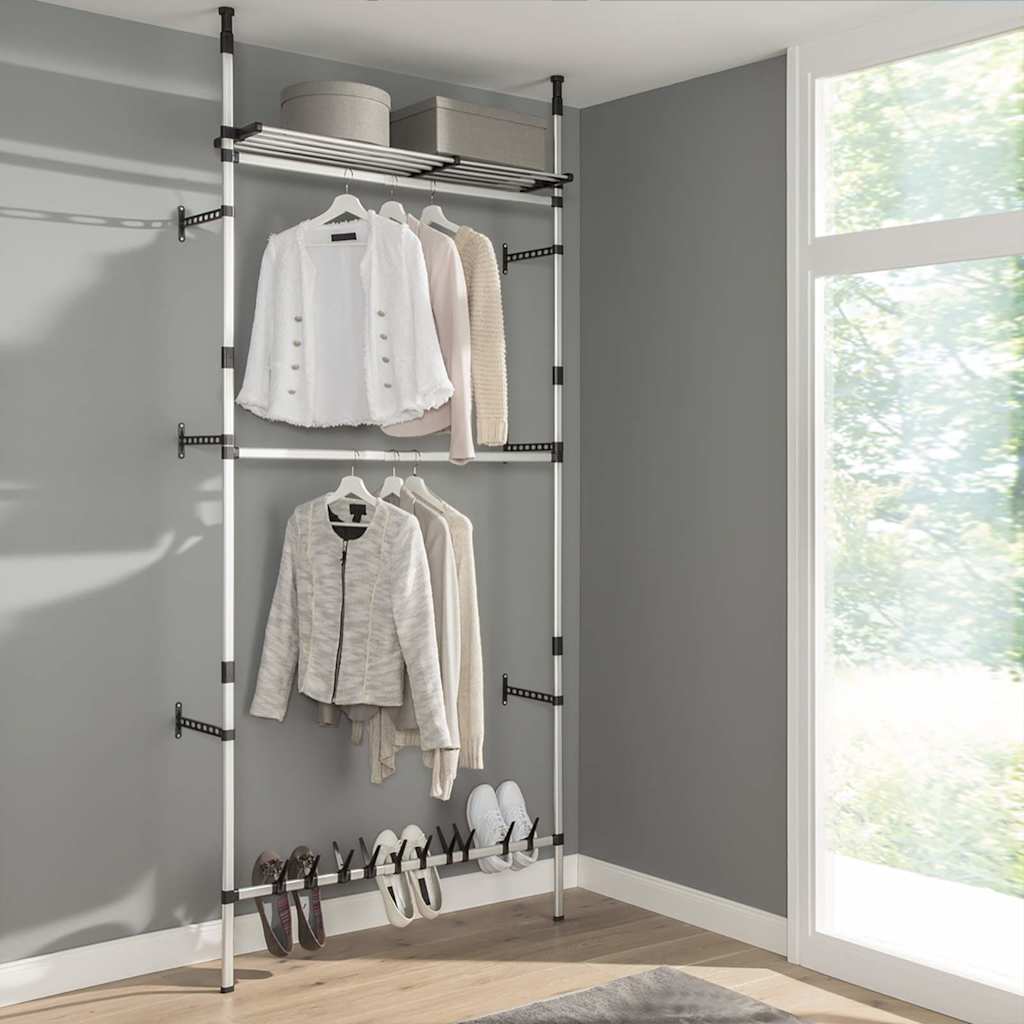 321114 vidaXL Telescopic Wardrobe System with Rods and Shelf Aluminium