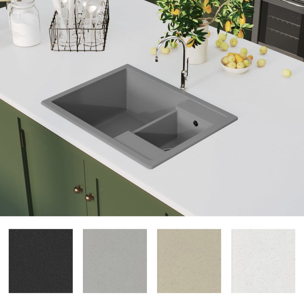 vidaXL Kitchen Sink with Overflow Hole Double Basins Grey Granite