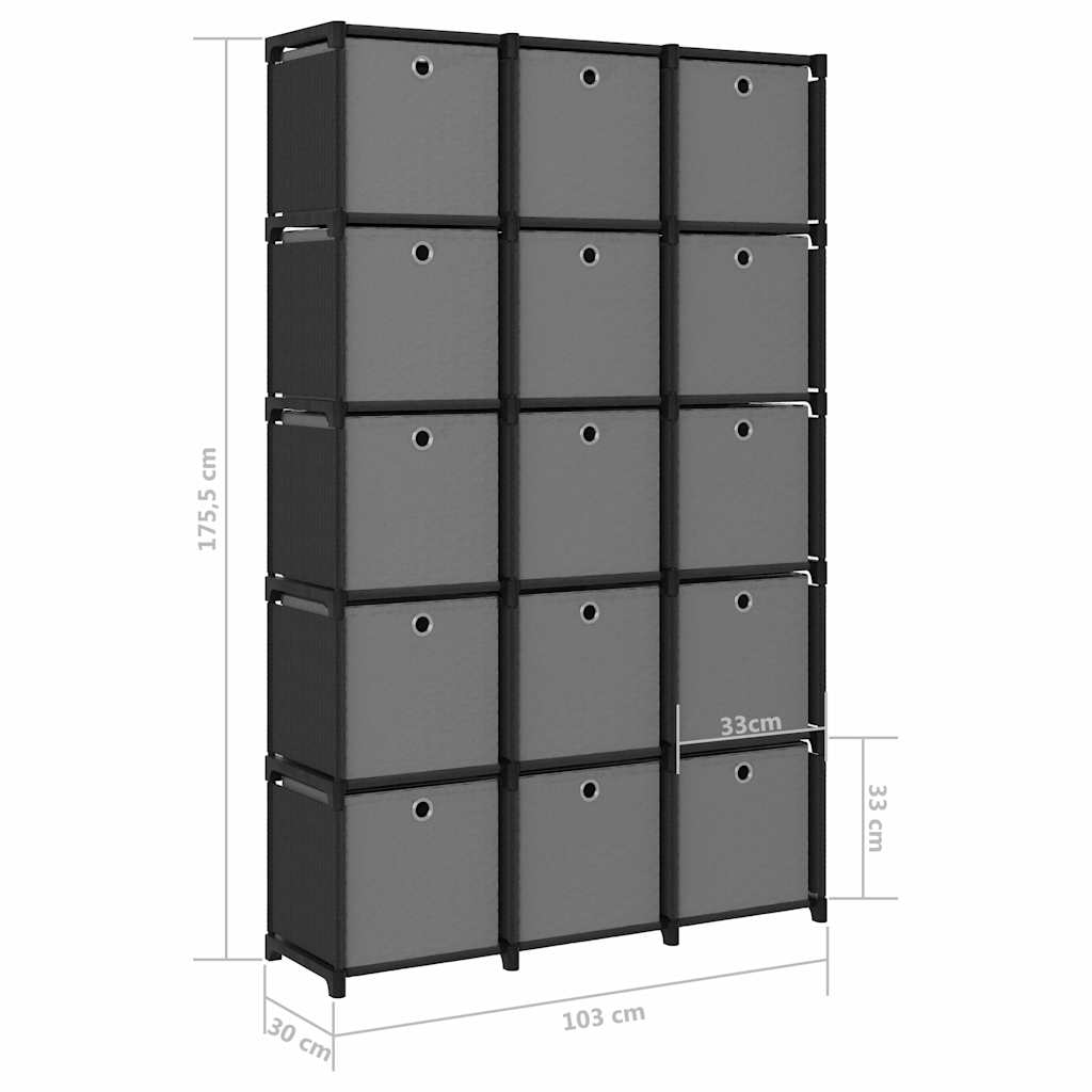 322619 vidaXL 15-Cube Display Shelf with Boxes Black 103x30x175,5 cm Fabric