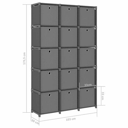 322621 vidaXL 15-Cube Display Shelf with Boxes Grey 103x30x175,5 cm Fabric