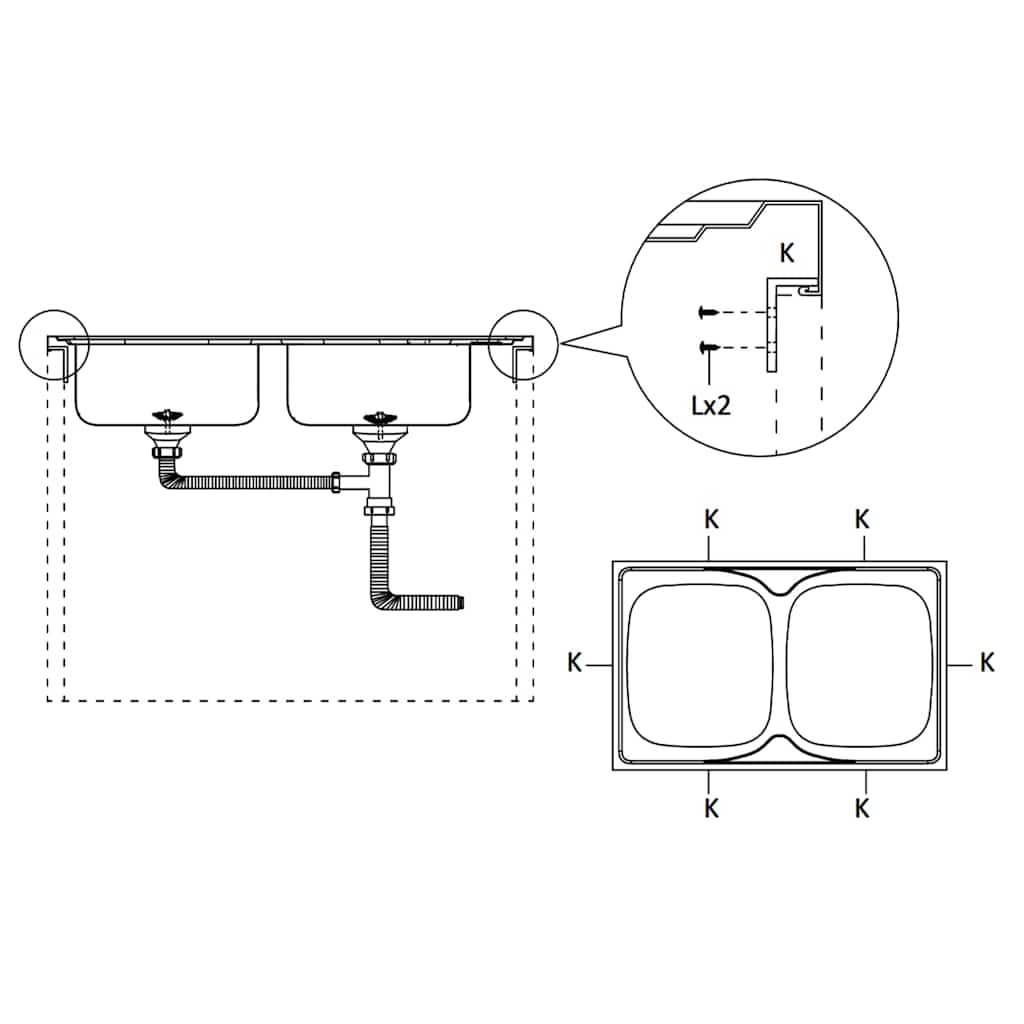 vidaXL Kitchen Sink with Double Basins Silver 800x500x155 mm Stainless Steel