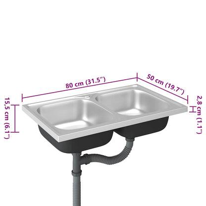 vidaXL Kitchen Sink with Double Basins Silver 800x500x155 mm Stainless Steel