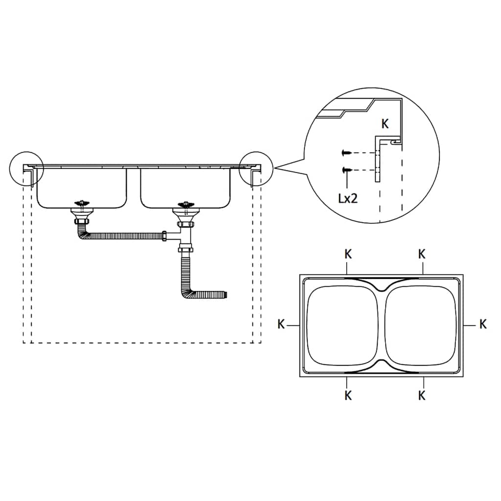 vidaXL Kitchen Sink with Double Basins Silver 800x600x155 mm Stainless Steel