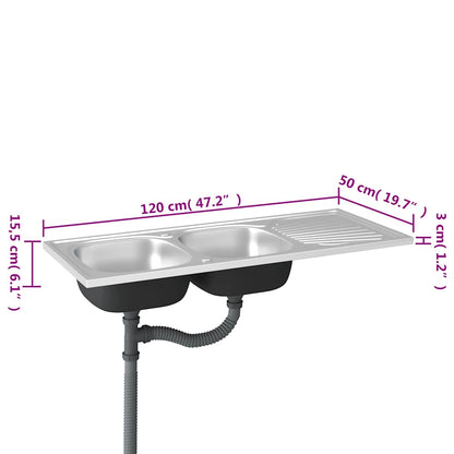vidaXL Kitchen Sink with Double Sinks Silver 1200x500x155 mm Stainless Steel