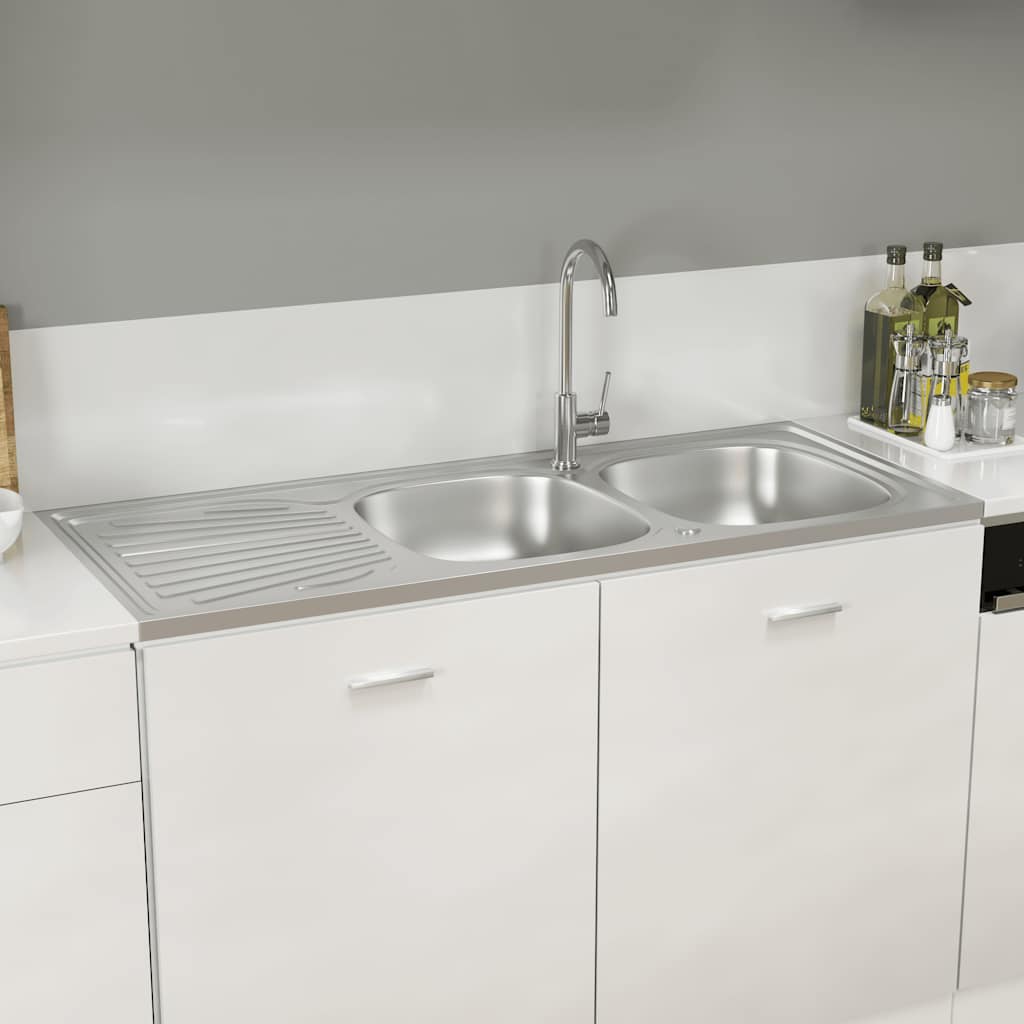 vidaXL Kitchen Sink with Double Sinks Silver 1200x600x155 mm Stainless Steel