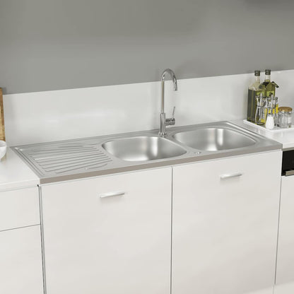 vidaXL Kitchen Sink with Double Sinks Silver 1200x600x155 mm Stainless Steel