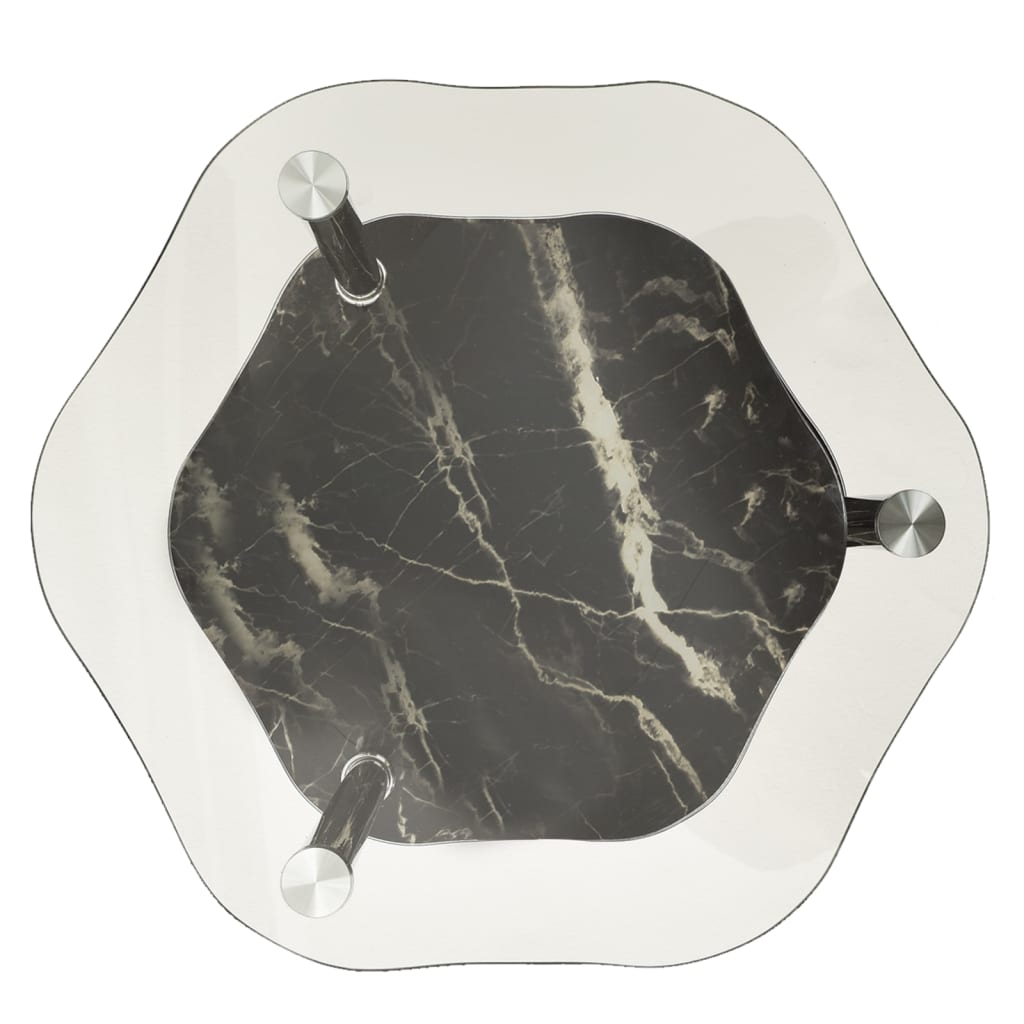 vidaXL 2-Tier Side Table Transparent & Black Marble 38x38x50cm Tempered Glass