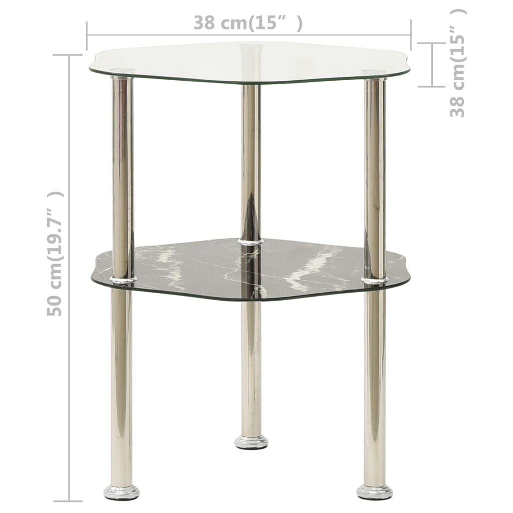 vidaXL 2-Tier Side Table Transparent & Black Marble 38x38x50cm Tempered Glass
