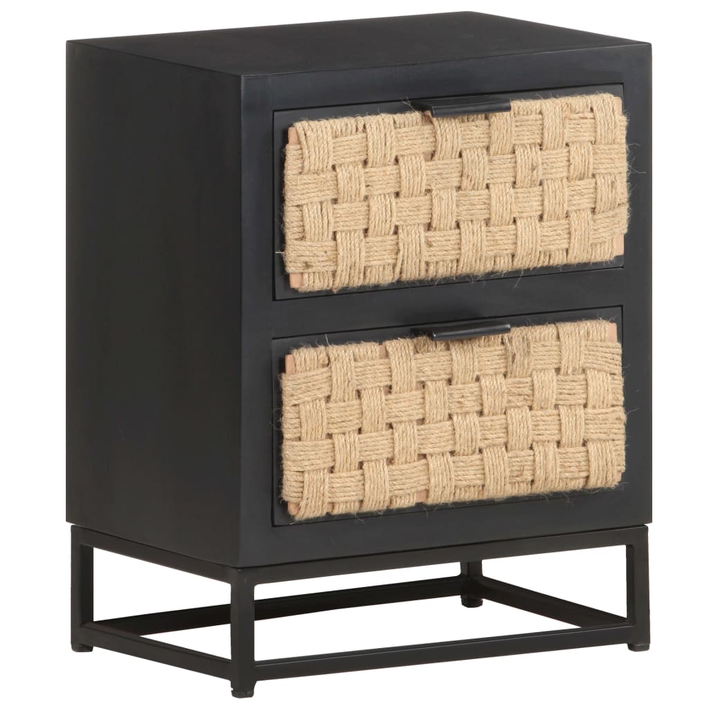 vidaXL Bedside Cabinet | Black, Natural | Solid Mango Wood, Iron, Jute
