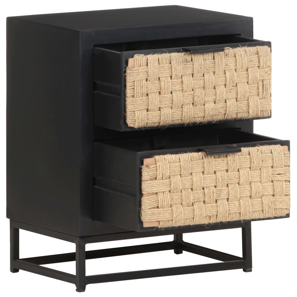 vidaXL Bedside Cabinet | Black, Natural | Solid Mango Wood, Iron, Jute