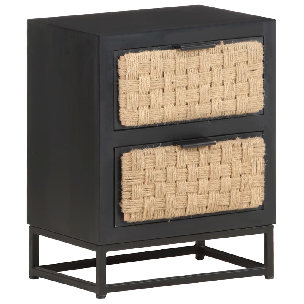 vidaXL Bedside Cabinet | Black, Natural | Solid Mango Wood, Iron, Jute