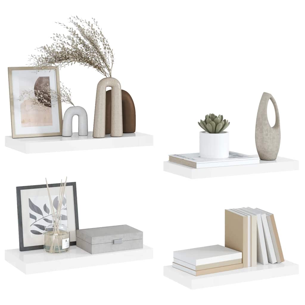 vidaXL Floating Wall Shelves 4 pcs High Gloss White 50x23.5x3.8 cm MDF