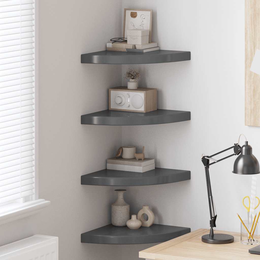 vidaXL Floating Corner Shelves 4 pcs High Gloss Grey 35x35x3.8 cm MDF