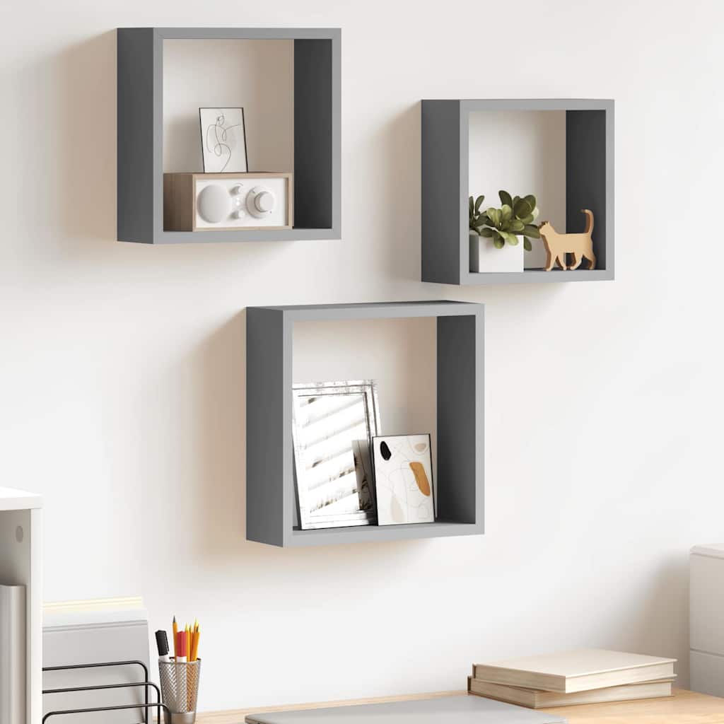 323951 vidaXL Wall Cube Shelves 3 pcs Grey MDF