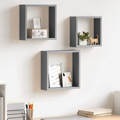 323951 vidaXL Wall Cube Shelves 3 pcs Grey MDF