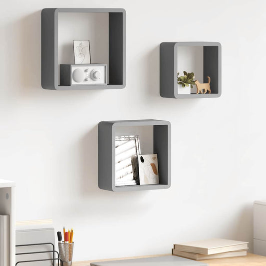 323954 vidaXL Wall Cube Shelves 3 pcs Grey MDF