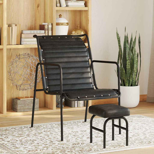 vidaXL Relaxing Armchair with a Footrest Black Real Leather