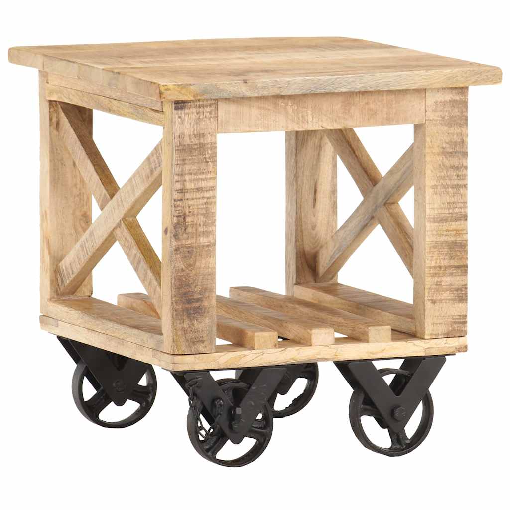320936 vidaXL Side Table with Wheels 40x40x42 cm Rough Mango Wood