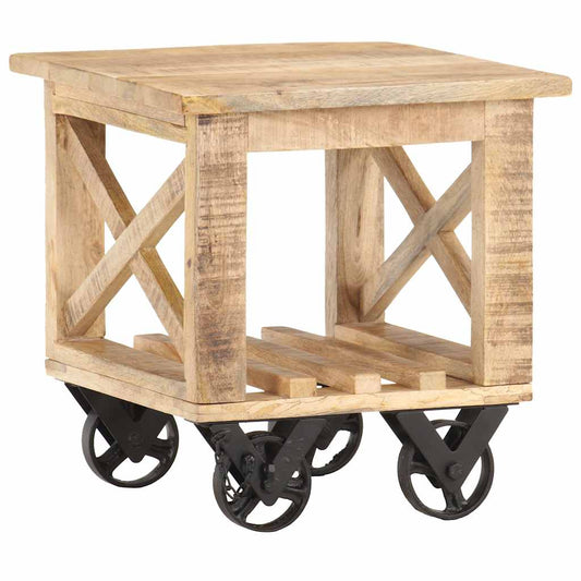 320936 vidaXL Side Table with Wheels 40x40x42 cm Rough Mango Wood
