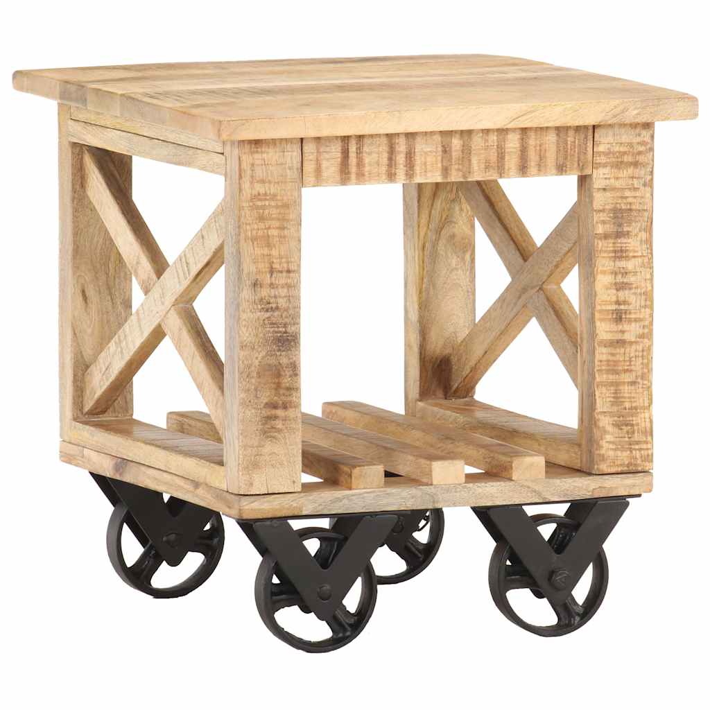 320936 vidaXL Side Table with Wheels 40x40x42 cm Rough Mango Wood