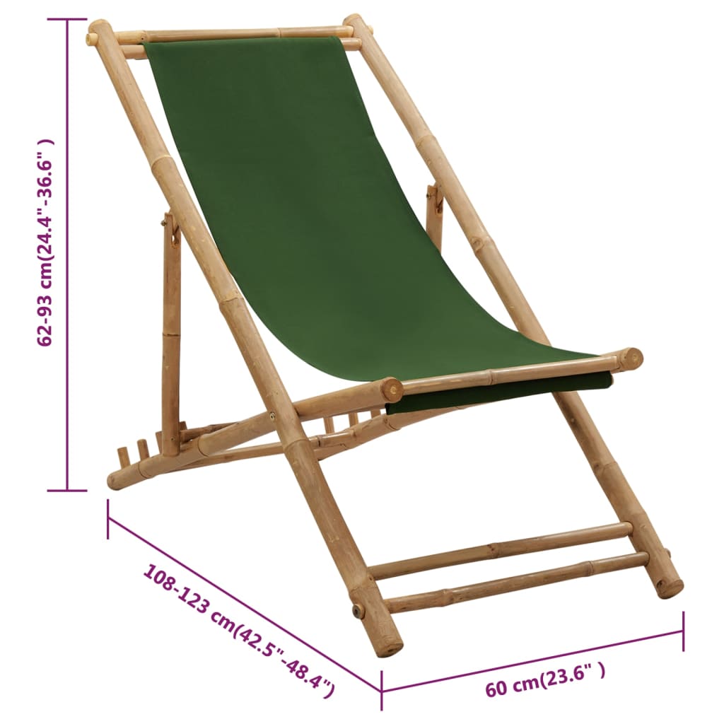 vidaXL Beach Chair | Green | Bamboo and canvas | Perfect for adults | Foldable