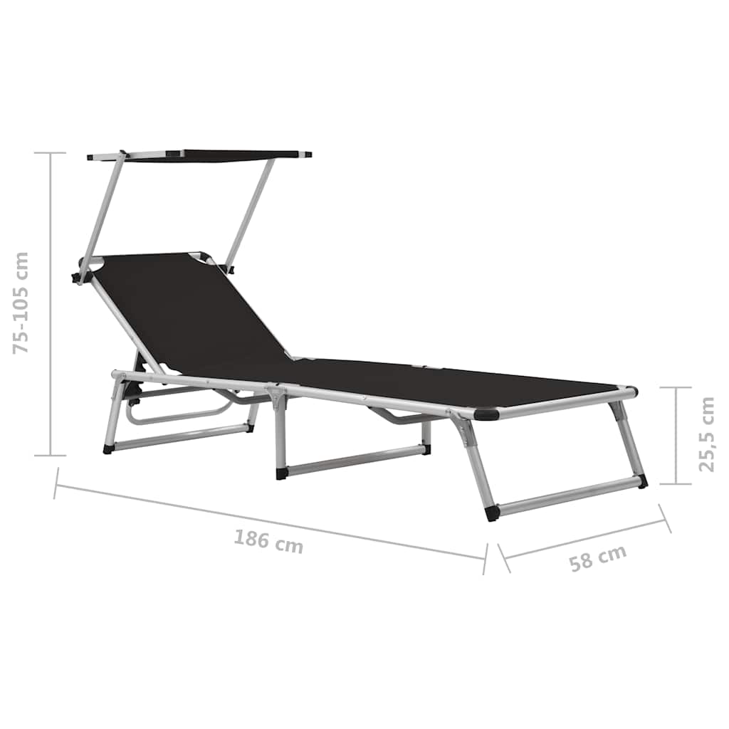 vidaXL Folding Sun Loungers with Roof 2 pcs Aluminium&Textilene Black