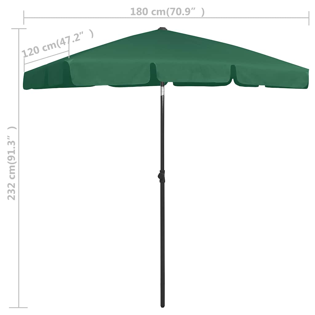 vidaXL Beach Parasol | Green | Polyester | 180x120 cm | Tiltable | Beach Parasol