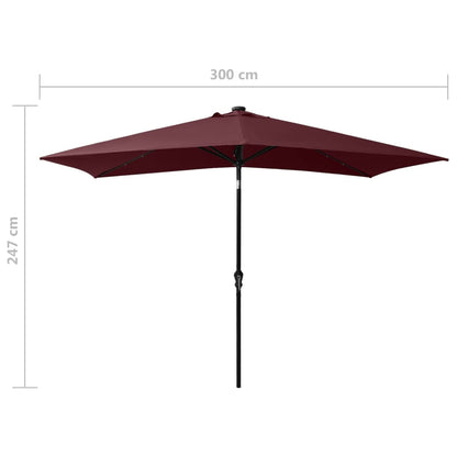 vidaXL Garden Parasol with LEDs and Steel Pole Bordeaux Red 2x3 m