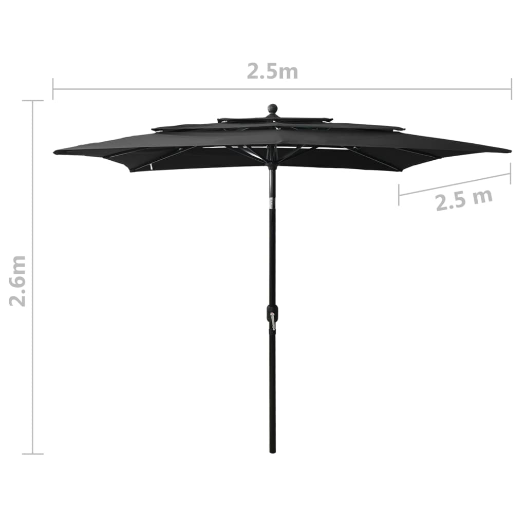 vidaXL 3-Tier Garden Parasol with Aluminium Pole Black 2.5x2.5 m