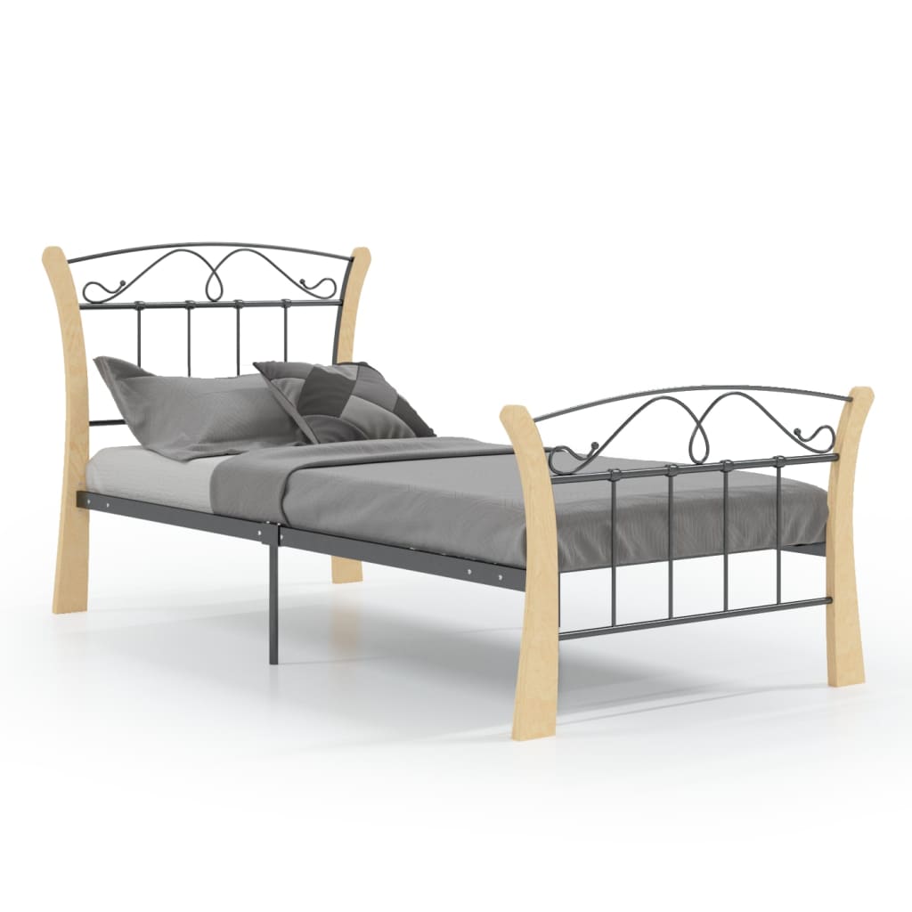 vidaXL Bed Frame | Black and natural | Powder-coated metal, solid oak wood