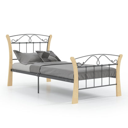 vidaXL Bed Frame | Black and natural | Powder-coated metal, solid oak wood
