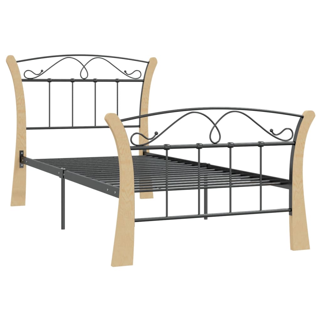 vidaXL Bed Frame | Black and natural | Powder-coated metal, solid oak wood