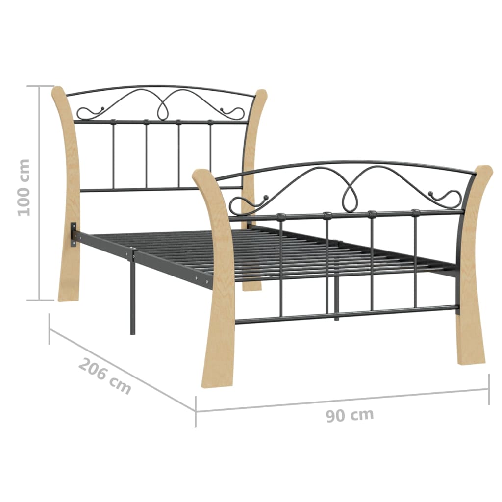 vidaXL Bed Frame | Black and natural | Powder-coated metal, solid oak wood