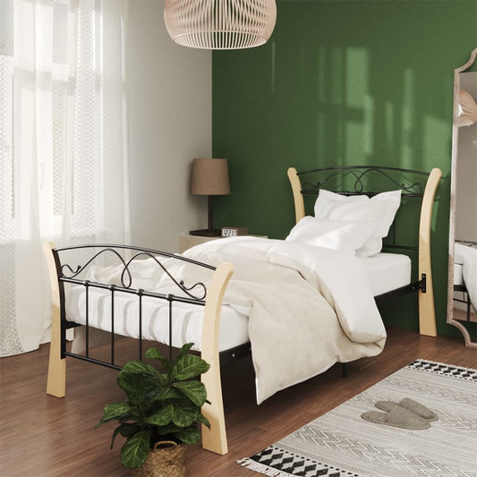 vidaXL Bed Frame | Black and natural | Powder-coated metal, solid oak wood