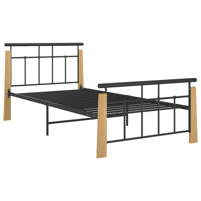 vidaXL Bed Frame | Black and Light Oak | Powder-coated metal, solid oak wood