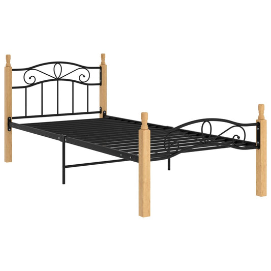 vidaXL Bed Frame without Mattress Black Metal&Solid Oak Wood 90x200 cm
