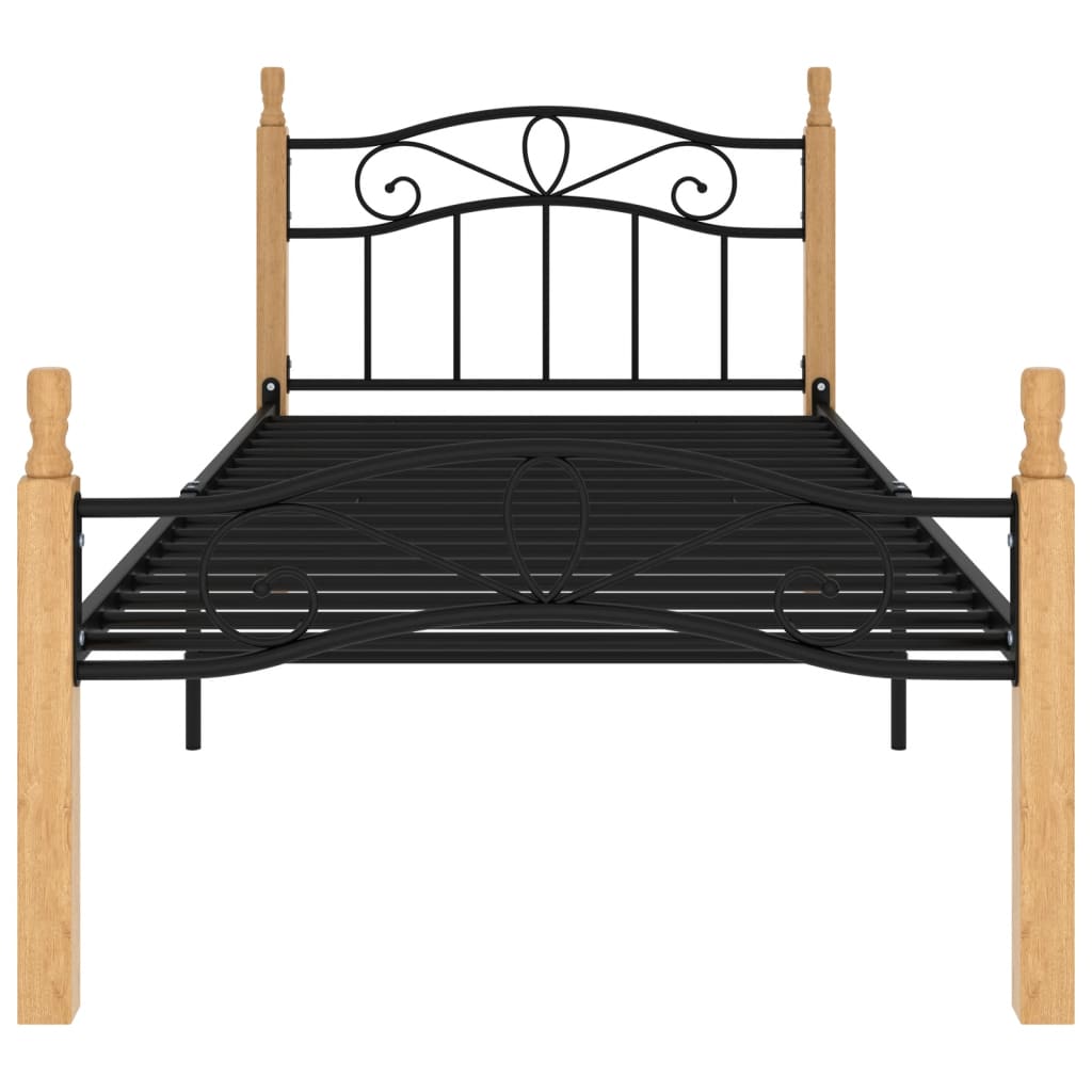 vidaXL Bed Frame without Mattress Black Metal&Solid Oak Wood 90x200 cm