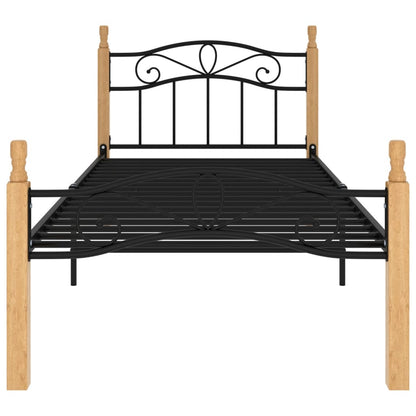 vidaXL Bed Frame without Mattress Black Metal&Solid Oak Wood 90x200 cm