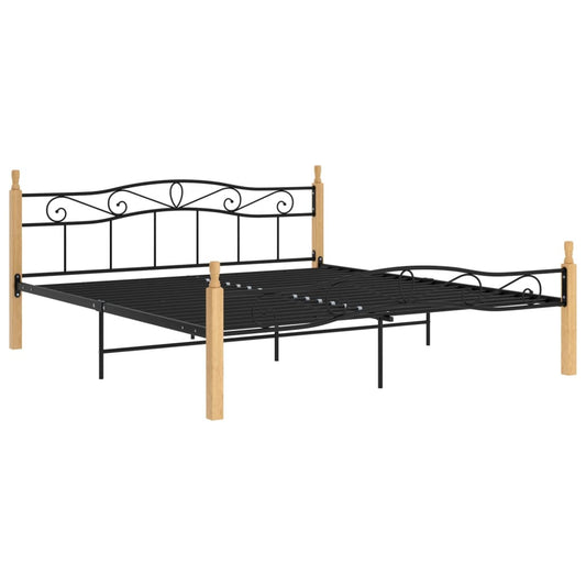 vidaXL Bed Frame without Mattress Black Metal&Solid Oak Wood 200x200 cm
