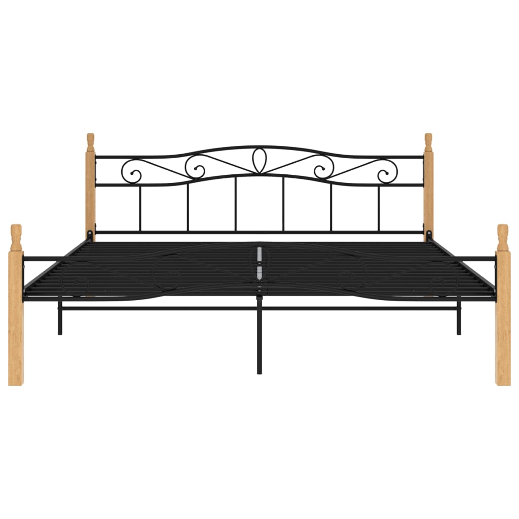vidaXL Bed Frame without Mattress Black Metal&Solid Oak Wood 200x200 cm