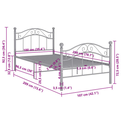 vidaXL Bed Frame without Mattress Grey Metal 100x200 cm