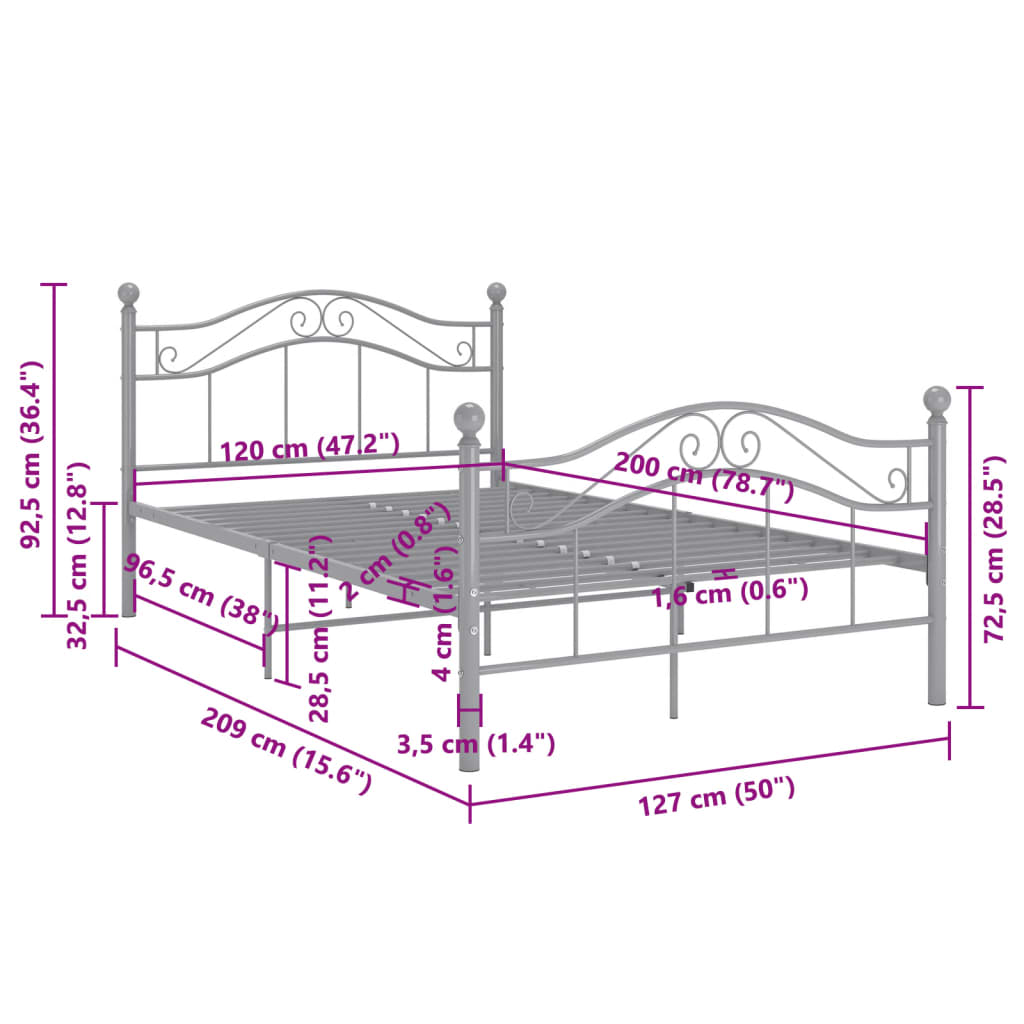 vidaXL Bed Frame | Grey | Powder-coated metal | Double | Bed Frame | Rectangular